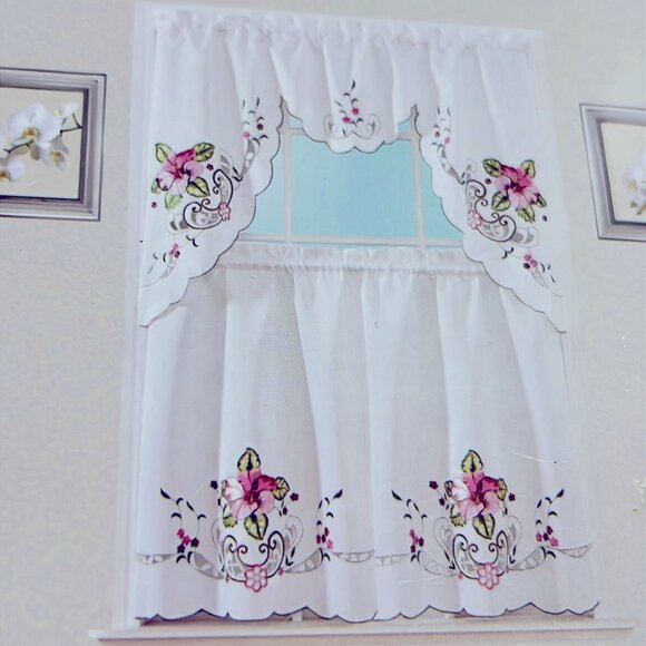 3PC Hibiscus Embroidery Kitchen Curtain Set - Picture 1 of 2